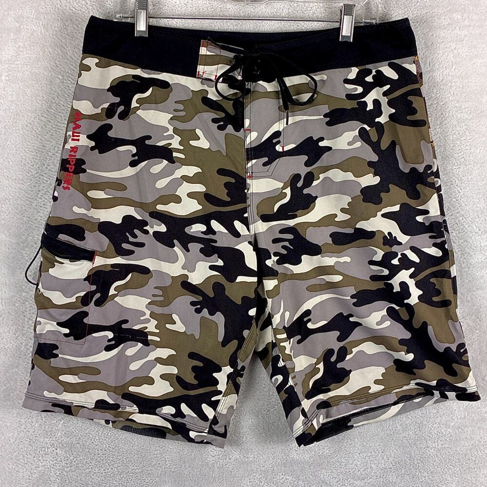 VTG Maui Rippers Board Shorts Mens 34 Gray Green Black Camo Skate Surf Beach Y2K